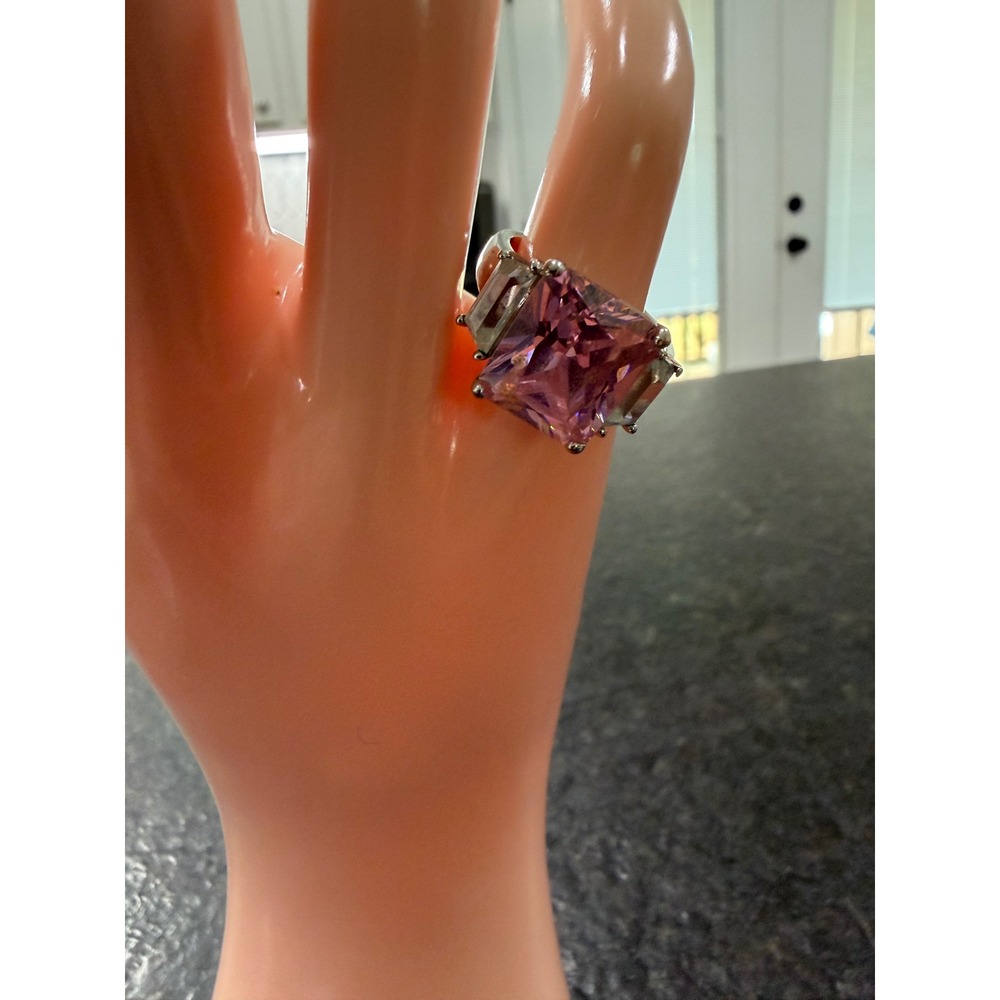 Pink Princess Cut Statement Ring Silver Tone Baguette Side Stones Size 6.25